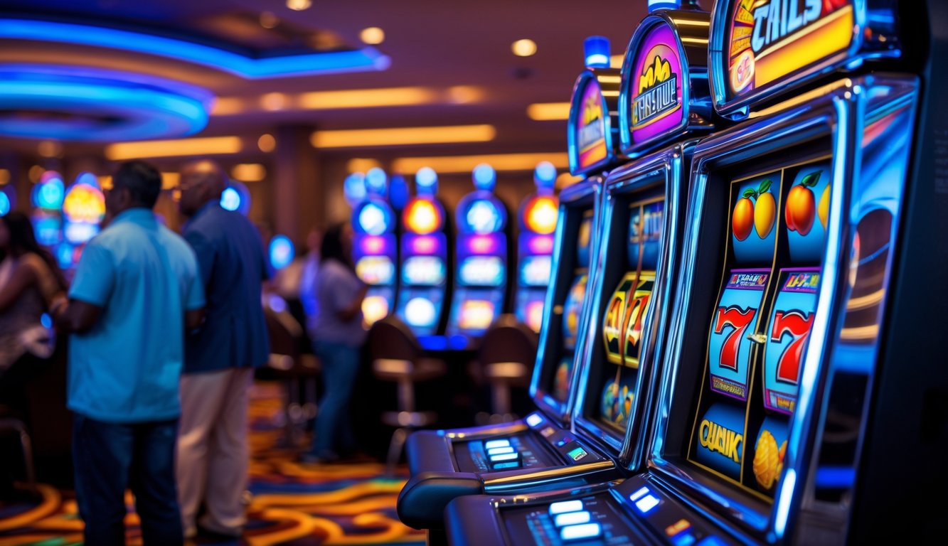 Mesin slot modern berwarna-warni dengan gulungan yang berputar di dalam kasino yang ramai.