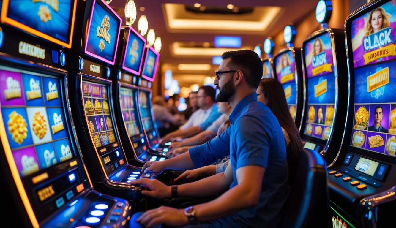 Suasana kasino dengan mesin slot bertema film dan orang-orang bermain dengan antusias.