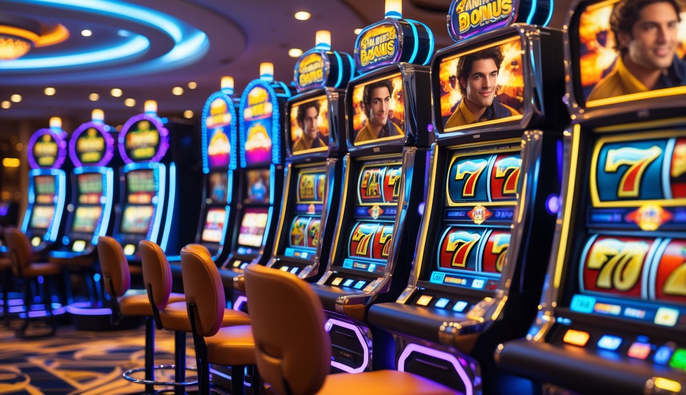 Area mesin slot kasino dengan mesin slot modern berwarna-warni yang sedang berputar, menampilkan tema film dan suasana kasino yang mewah.