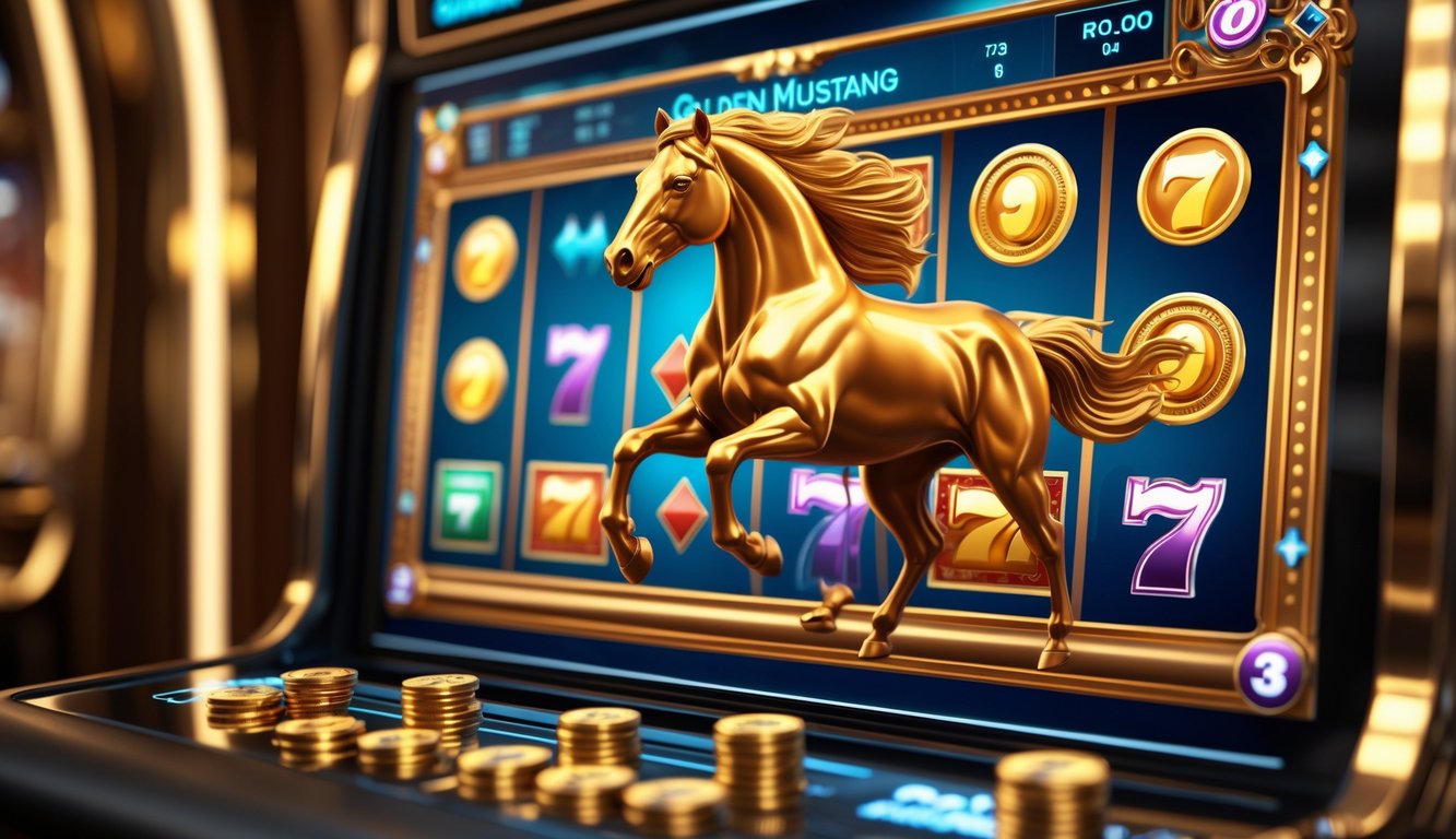 Tampilan mesin slot online dengan simbol kuda Mustang emas dan koin emas di latar kasino mewah.