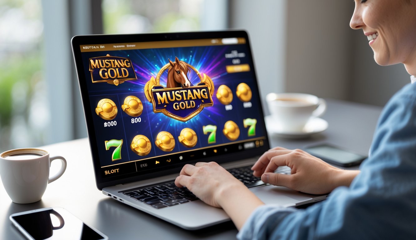 Seseorang sedang bermain permainan slot online di laptop di meja kerja yang rapi dengan secangkir kopi dan ponsel di dekatnya.