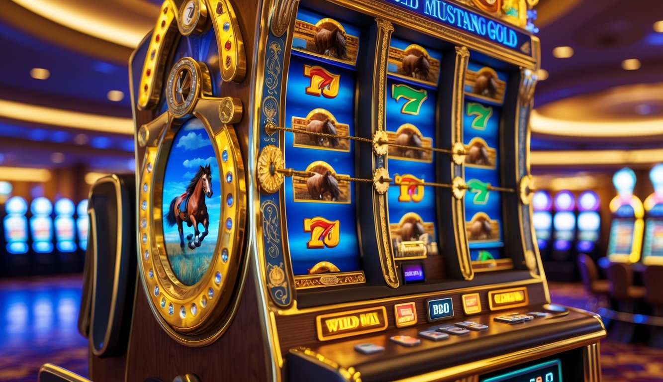 Mesin slot bertema kuda Mustang dengan latar kasino mewah dan lampu berkilauan.