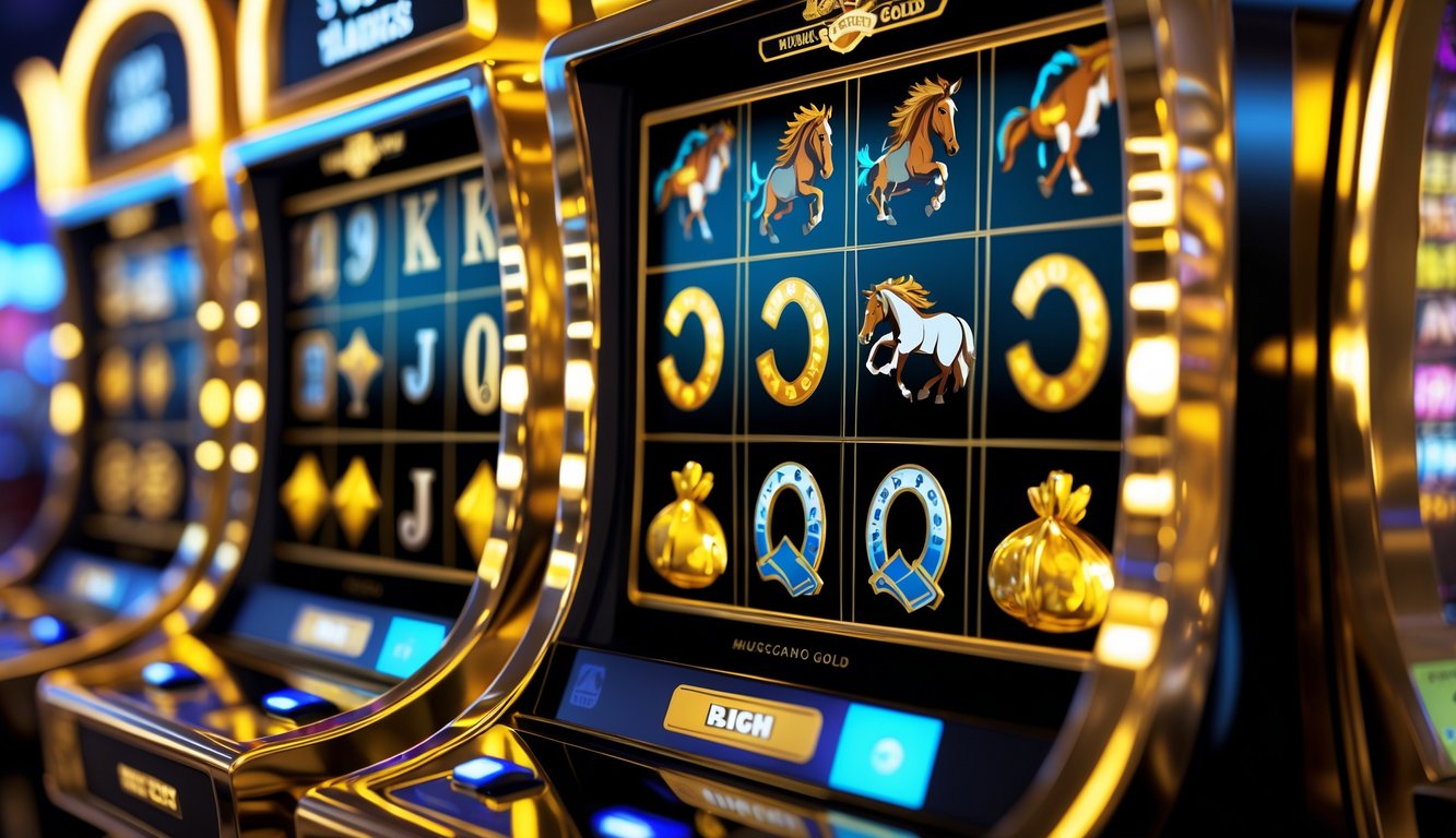 Mesin slot kasino dengan simbol kuda dan koin emas yang bersinar.