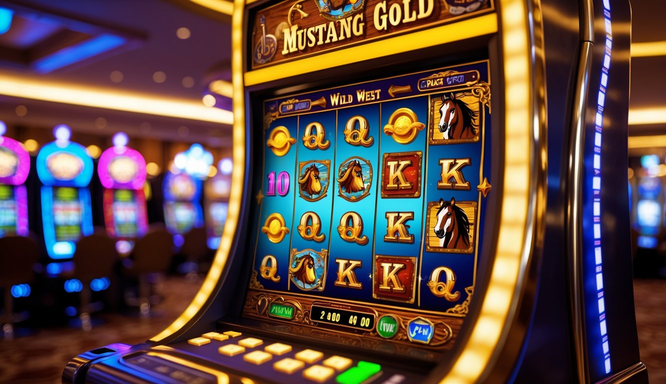 Mesin slot bertema koboi dengan simbol kuda liar dan koin emas di dalam kasino.