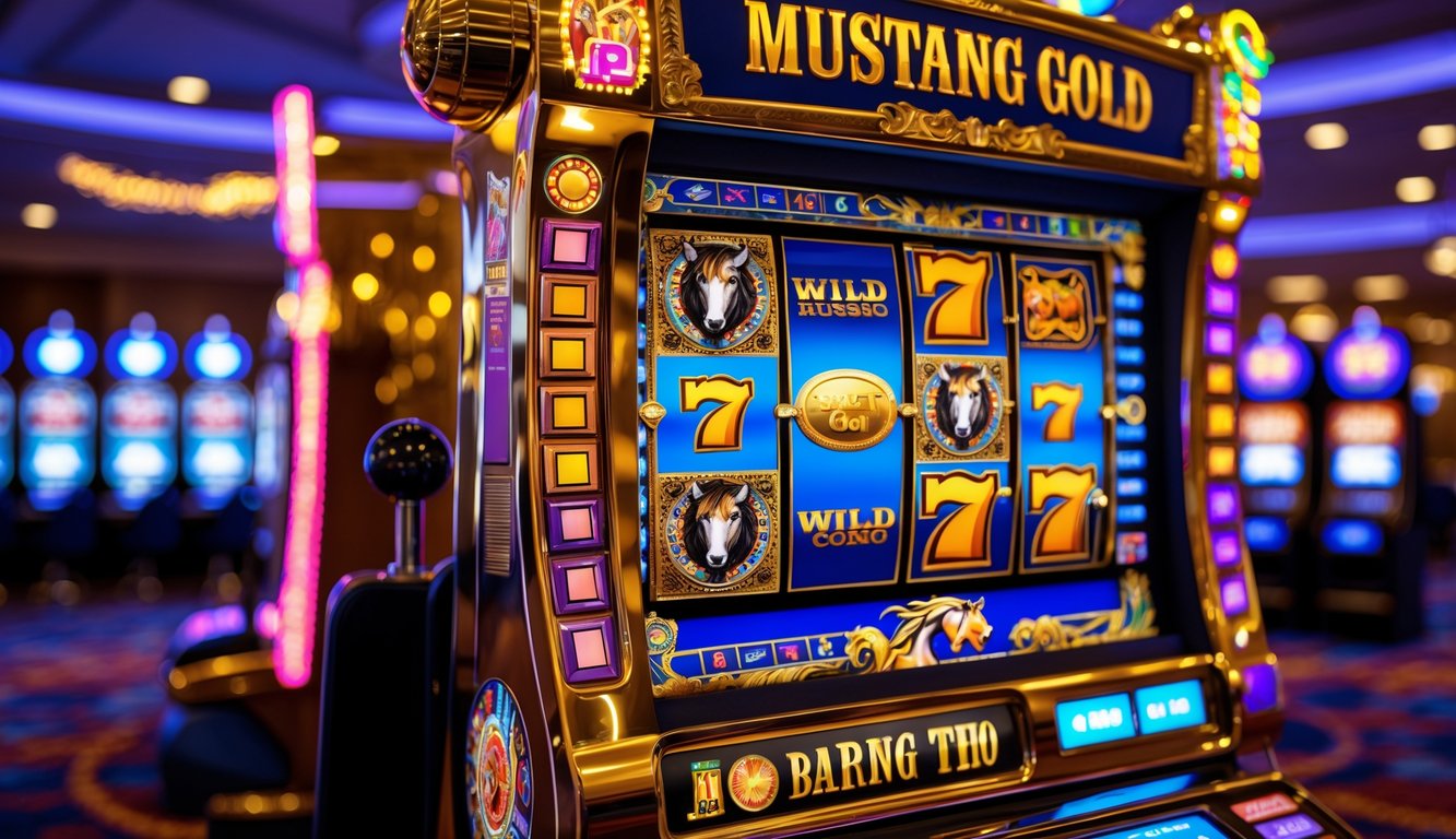 Mesin slot Mustang Gold berwarna emas dengan lampu berwarna-warni di dalam kasino modern.
