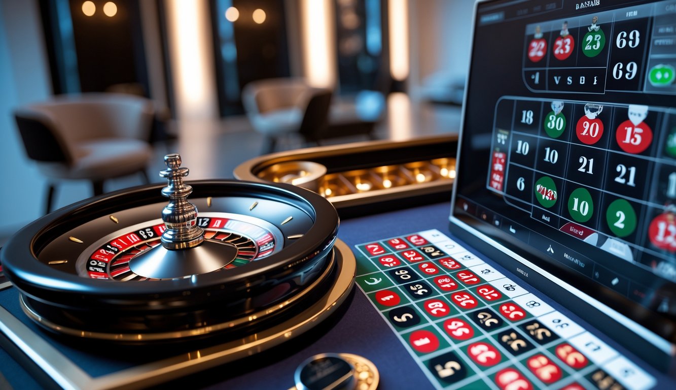 Tampilan permainan roulette Prancis online dengan roda roulette digital dan meja taruhan virtual.
