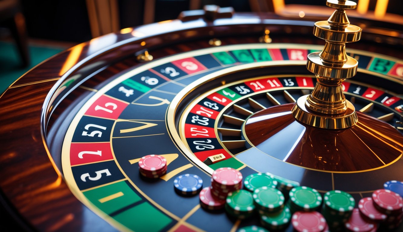 Meja roulette Prancis dengan roda roulette dan chip kasino di kasino