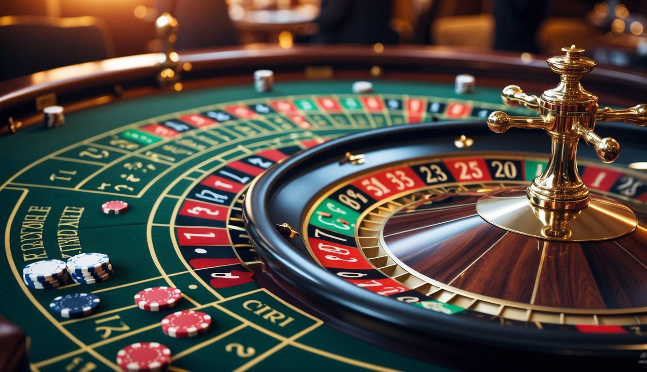 Meja roulette Prancis dengan roda roulette berputar dan chip taruhan di kasino mewah.