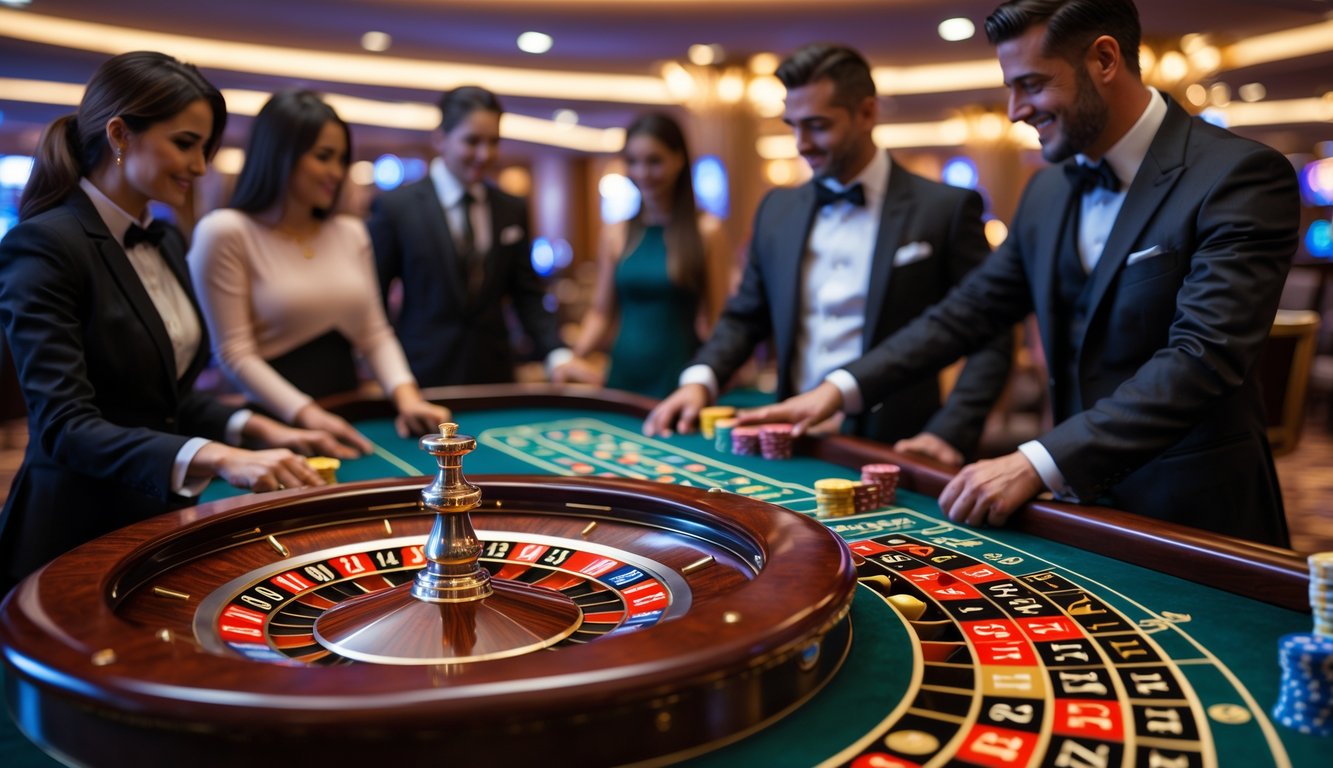 Meja roulette Prancis dengan pemain dan dealer di kasino yang mewah.