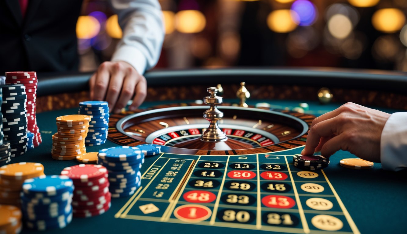 Meja roulette Prancis dengan roda roulette yang berputar dan tangan pemain yang meletakkan chip taruhan.