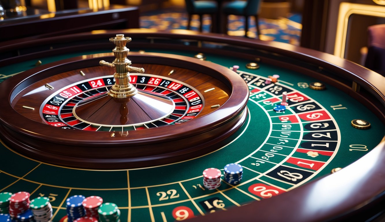 Meja roulette Prancis dengan roda roulette berputar dan chip taruhan berwarna-warni di atas permukaan hijau.