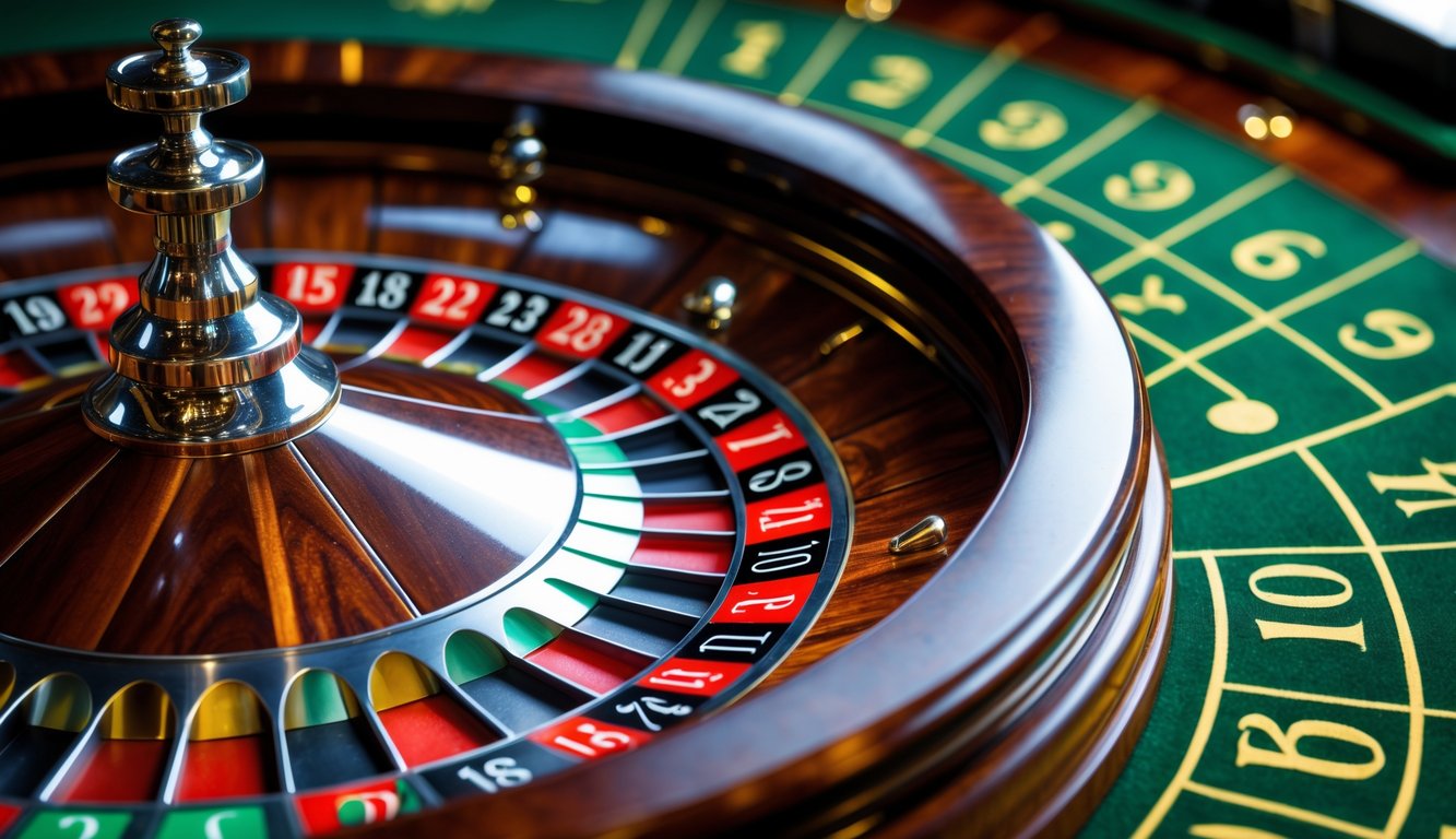 Meja roulette Prancis dengan roda roulette dan area taruhan hijau di kasino.