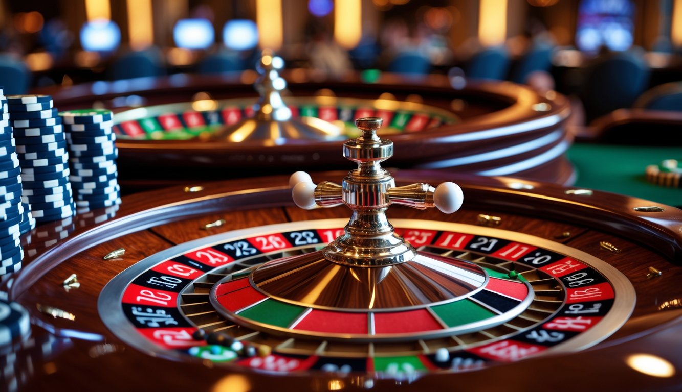 Meja roulette Prancis dengan roda roulette dan tumpukan chip taruhan di kasino.