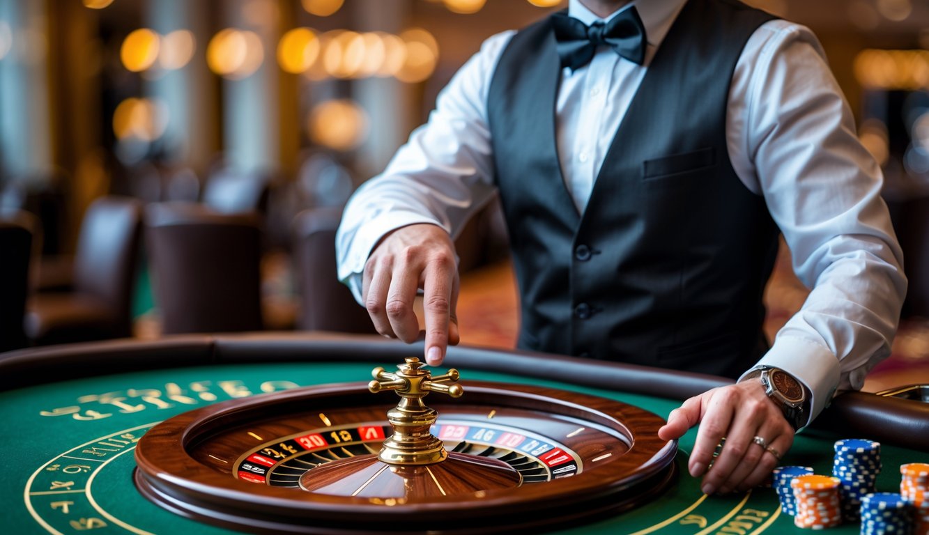 Seorang dealer roulette Prancis yang berdiri di depan meja roulette dengan roda roulette dan chip taruhan di kasino.