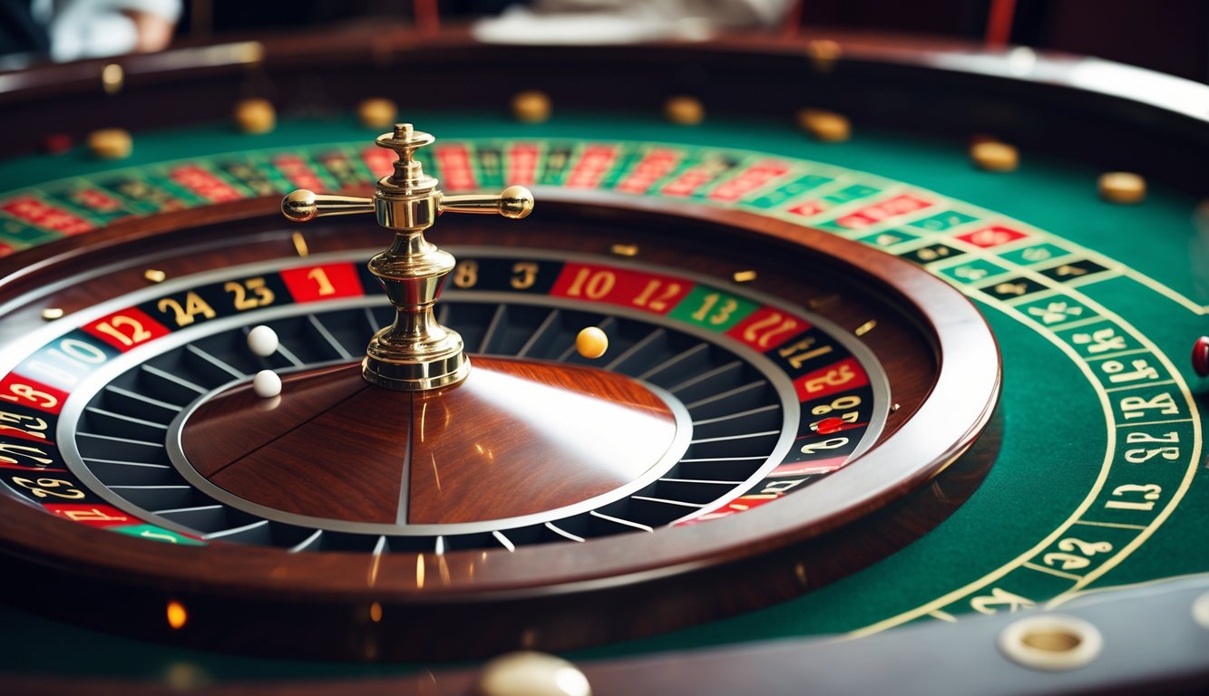 Meja roulette Prancis dengan roda roulette berputar dan bola putih di atasnya di kasino.