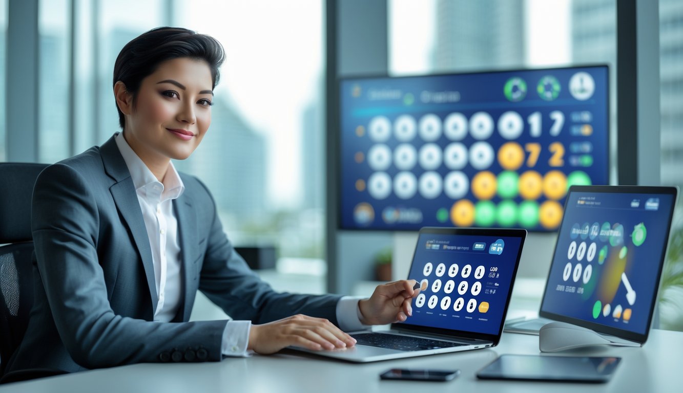 Seorang profesional di kantor modern sedang menggunakan laptop dan ponsel dengan tampilan angka lotere, menunjukkan suasana kerja yang terpercaya dan fokus.