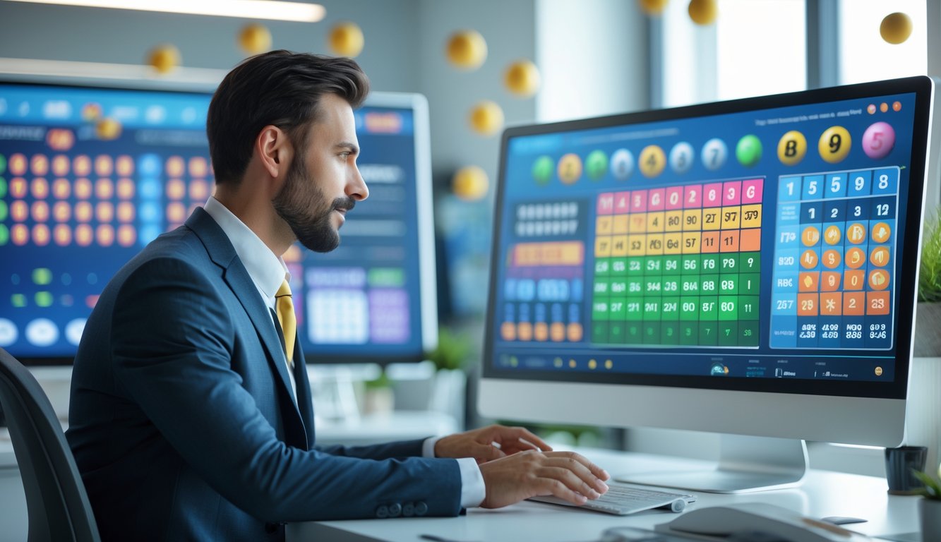 Seorang profesional sedang bekerja di depan komputer dengan tampilan angka lotre dan grafik di layar dalam ruang kantor modern.