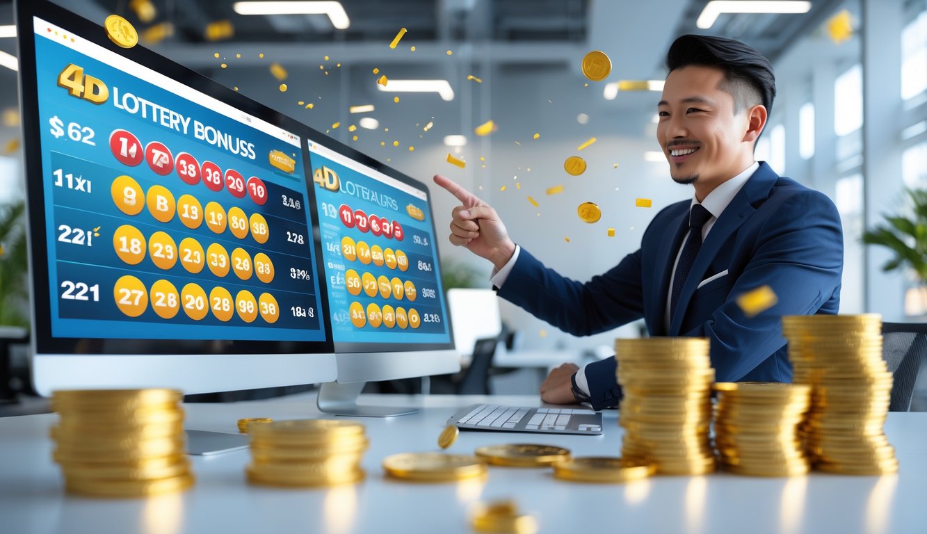 Seorang pebisnis percaya diri di kantor modern sedang melihat layar digital dengan angka togel dan simbol kemenangan besar.