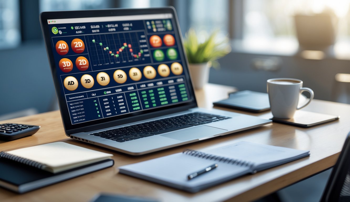 Meja kerja dengan laptop yang menampilkan data angka prediksi togel dan alat tulis di sekitarnya.