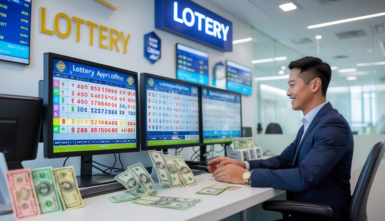 Seorang agen lotere sedang melayani pelanggan di kantor modern dengan layar komputer dan tiket lotere di meja.