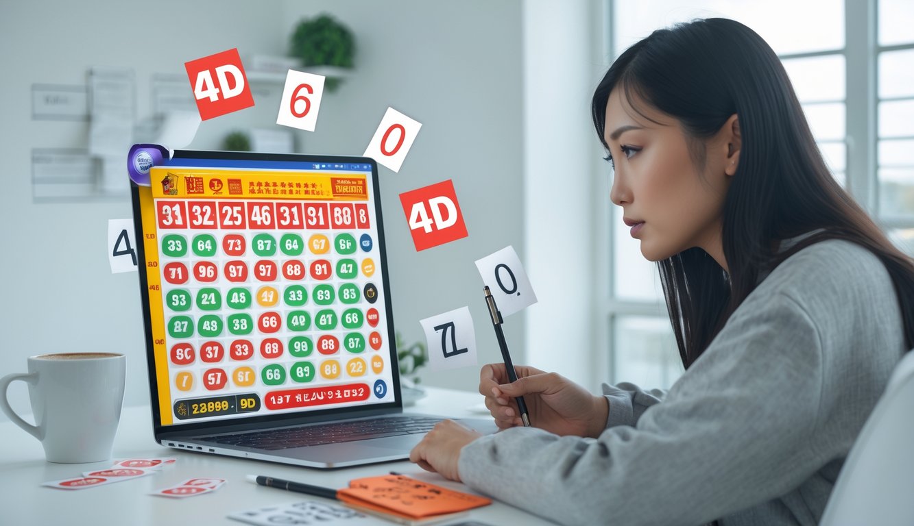 Seseorang sedang duduk di meja dengan laptop dan kertas angka, fokus bermain permainan togel 4D.