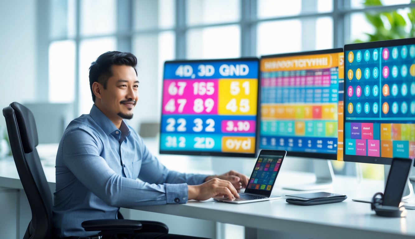 Seorang pria duduk di meja modern dengan beberapa layar komputer yang menampilkan angka lotere dan grafik, di ruang kantor terang dan rapi.