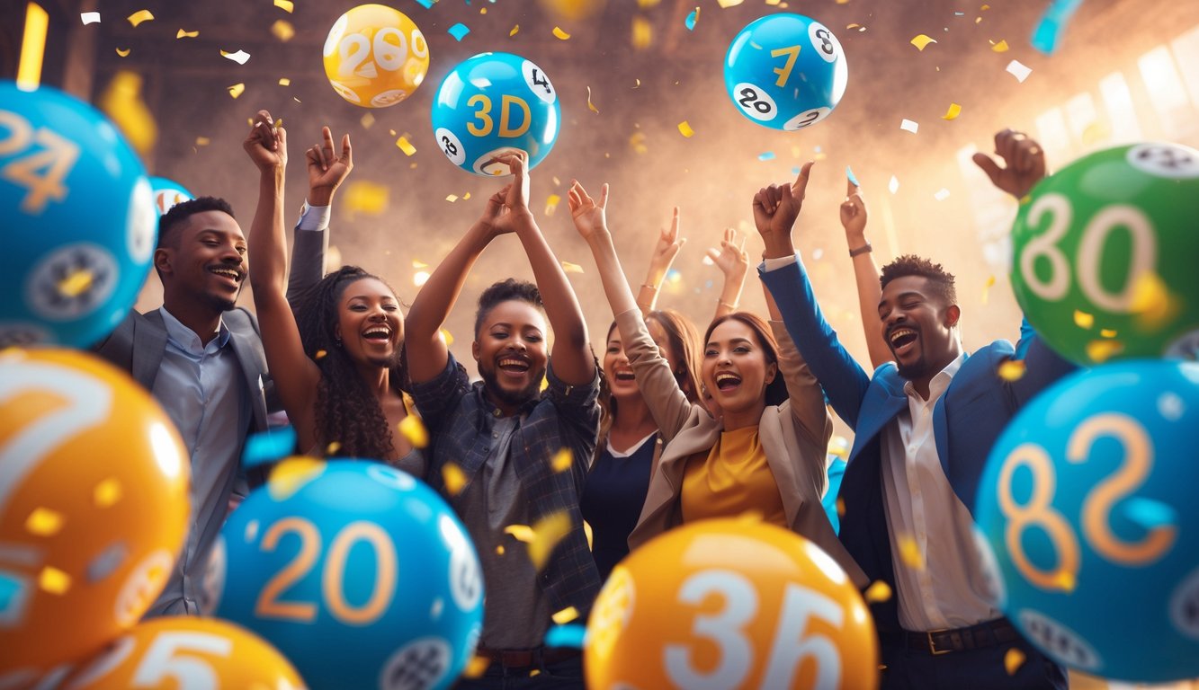 Sekelompok orang merayakan kemenangan jackpot togel dengan bola lotere berwarna-warni di latar belakang.