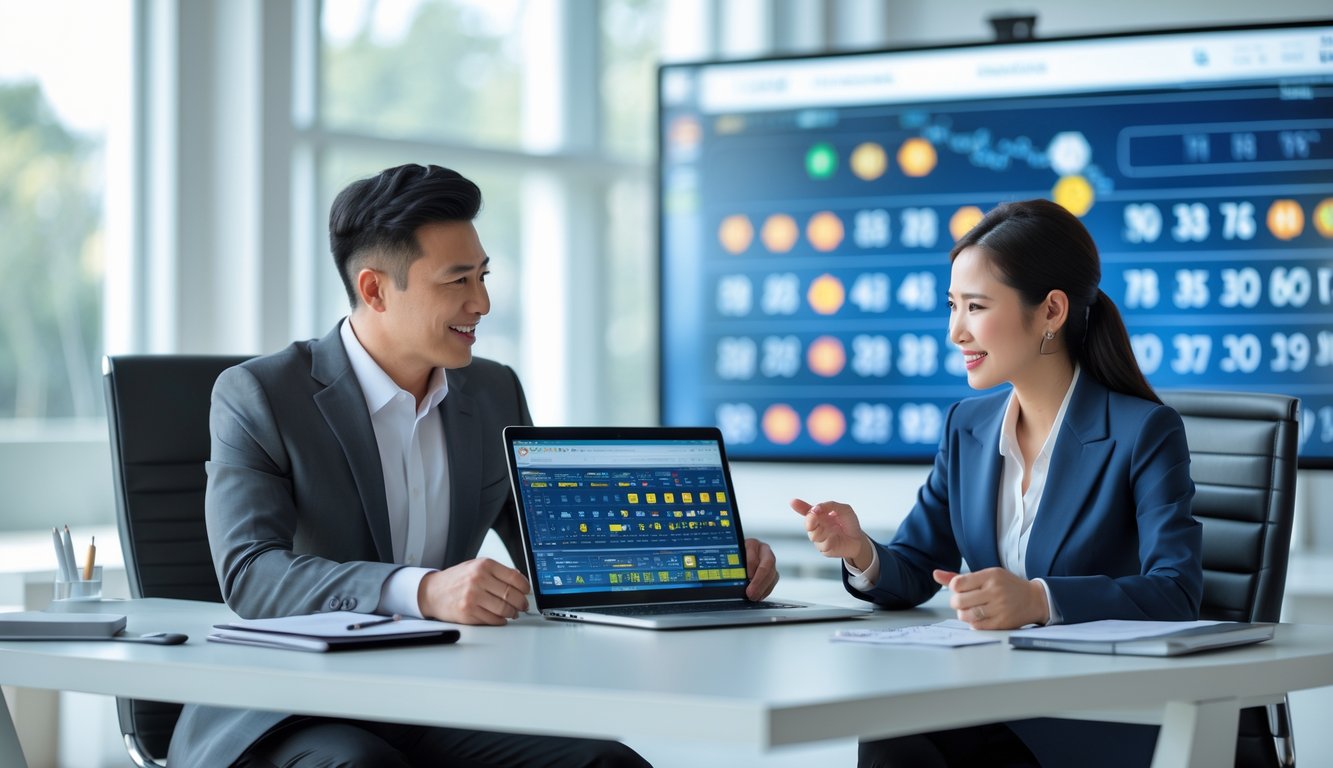 Seorang pria dan wanita sedang berdiskusi di meja kantor modern dengan laptop dan layar digital menampilkan grafik angka lotre.