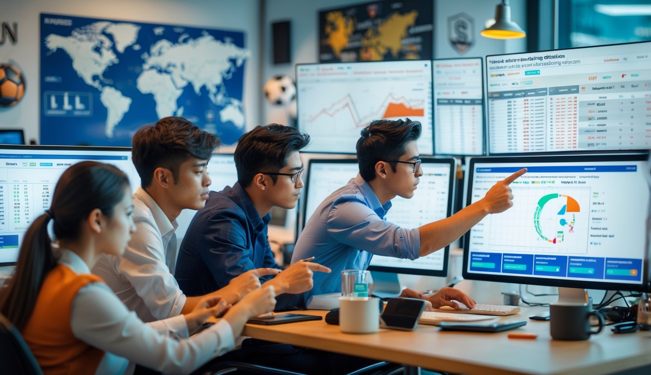 Sekelompok orang muda sedang bekerja bersama di kantor dengan layar komputer yang menampilkan data taruhan sepak bola.