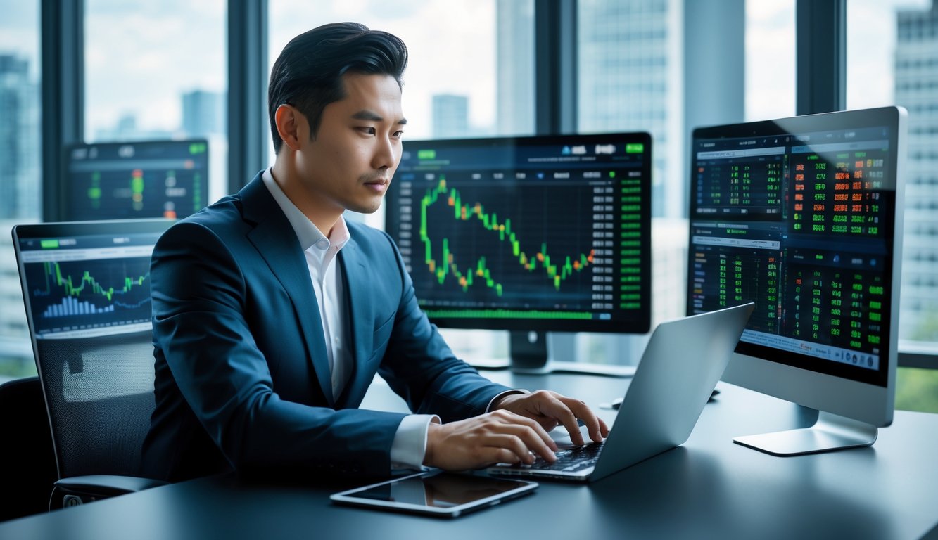 Seorang pria Asia profesional sedang duduk di meja kantor modern, melihat layar komputer yang menampilkan statistik dan peluang taruhan olahraga.