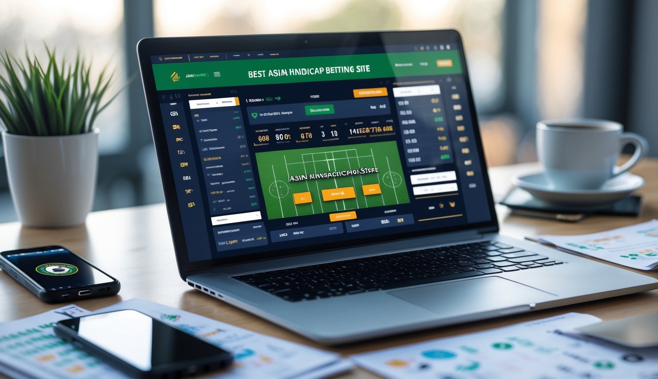 Seorang pria menggunakan laptop dengan tampilan situs taruhan olahraga di meja kerja modern.