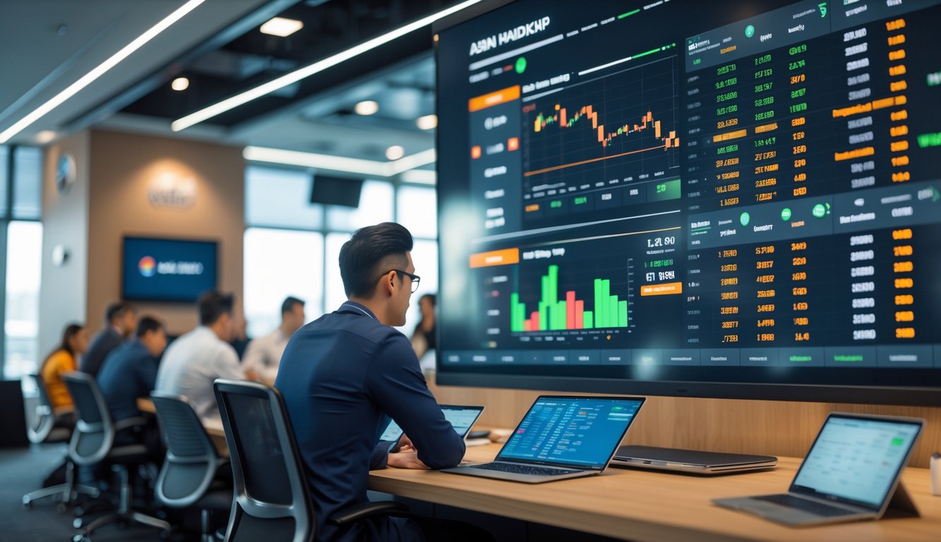 Orang-orang di ruang taruhan olahraga modern sedang menganalisis data taruhan handicap Asia dengan peluang tinggi pada layar digital.