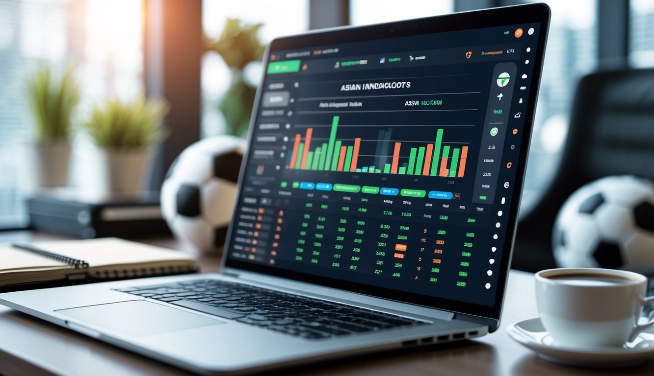 Layar laptop menampilkan antarmuka taruhan handicap Asia sepak bola dengan latar belakang kantor dan perlengkapan kerja.