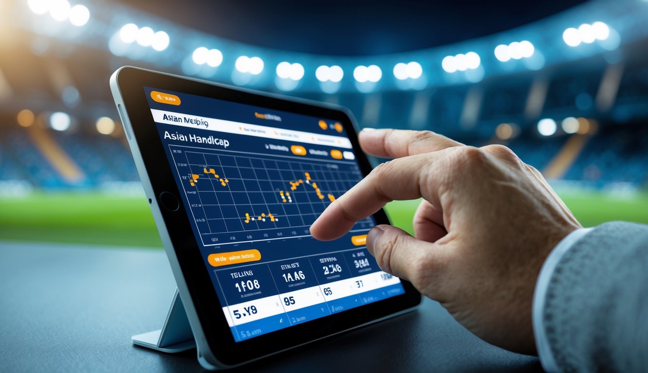 Seseorang menggunakan tablet dengan tampilan taruhan handicap Asia di latar belakang stadion sepak bola yang terang.