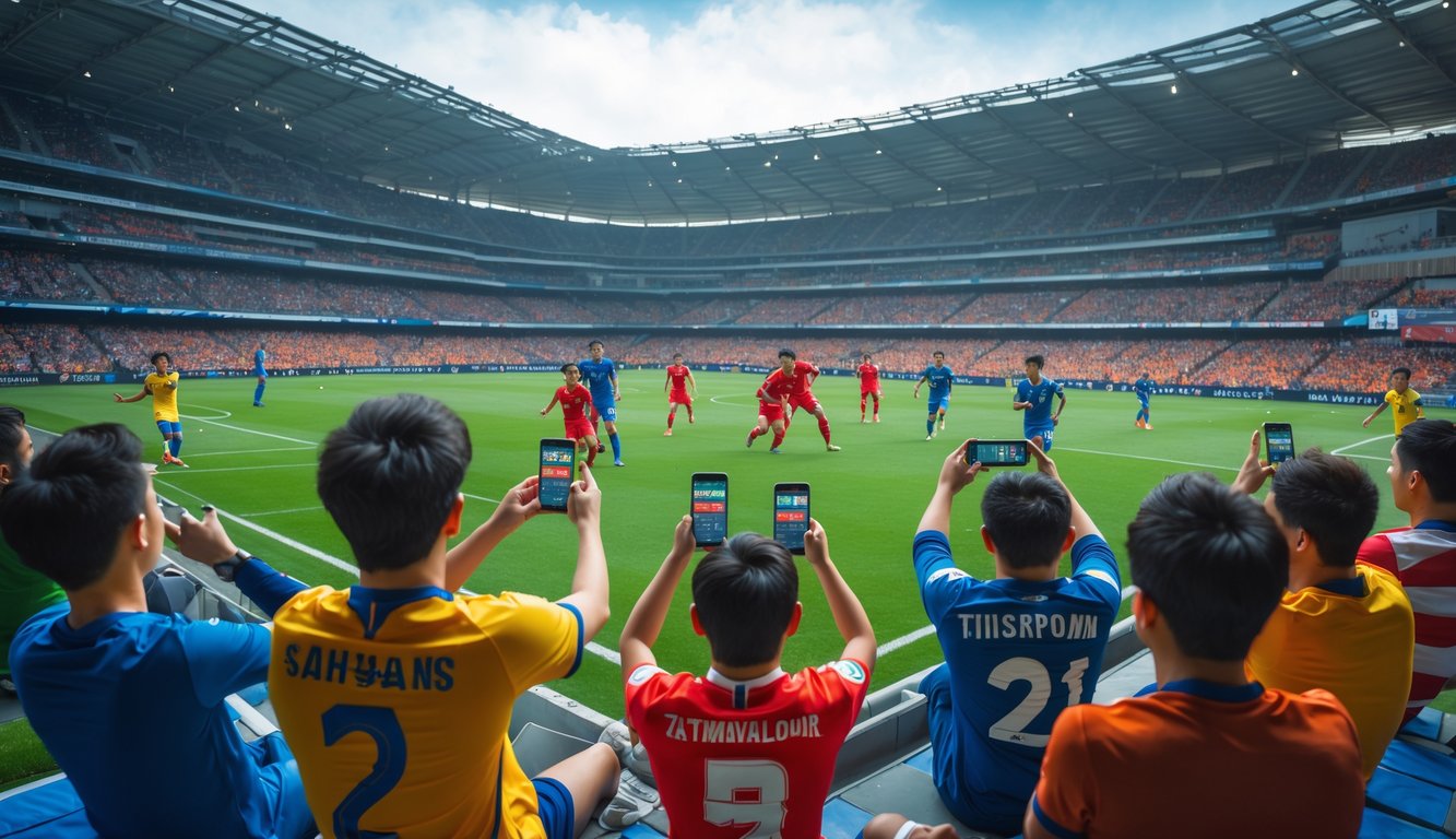 Pertandingan sepak bola Asia dengan pemain yang sedang beraksi dan penonton yang antusias di stadion.