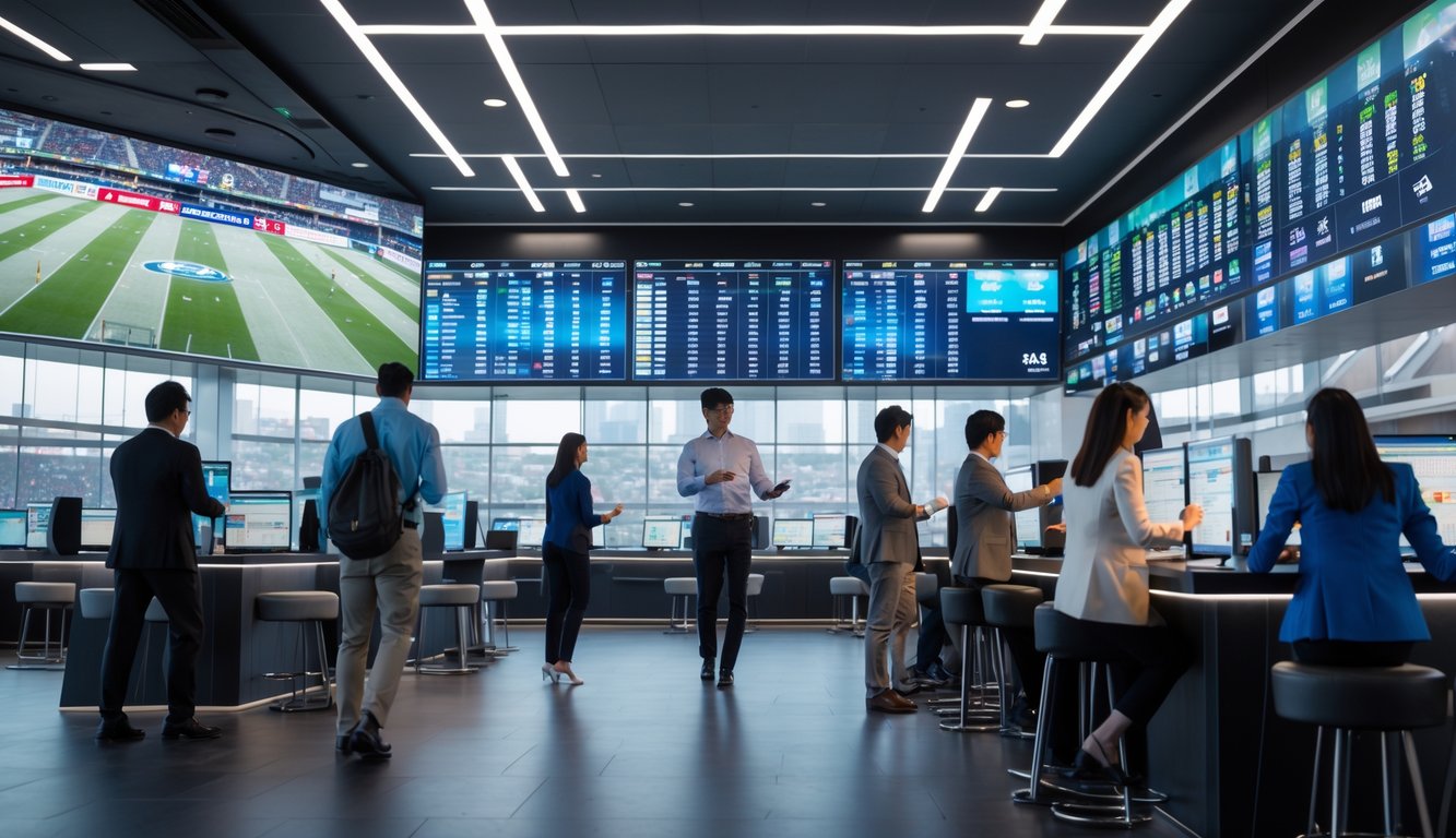 Orang-orang Asia sedang melihat layar besar di sportsbook modern untuk memasang taruhan handicap Asia.