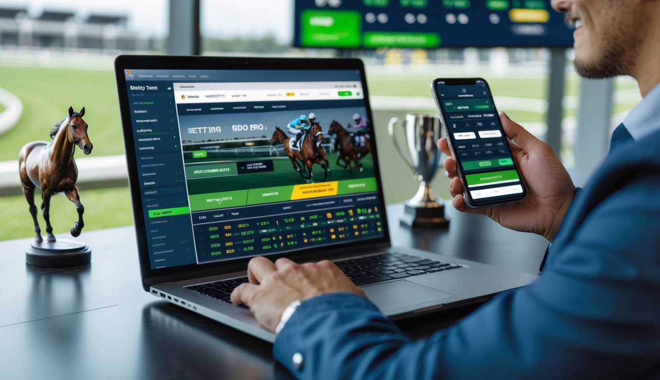 Seseorang menggunakan laptop dan ponsel untuk memasang taruhan pacuan kuda secara online di ruang kerja modern.