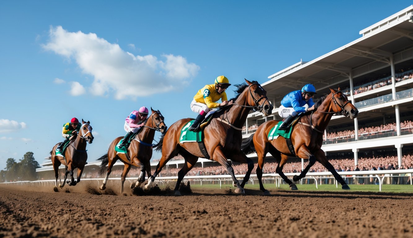 Pacuan kuda dengan beberapa joki sedang berlomba di lintasan dengan penonton menyaksikan dari tribun.