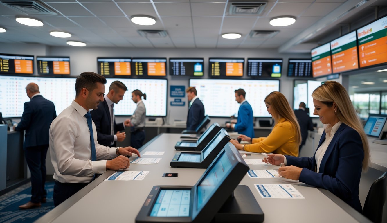 Suasana di dalam agen pacuan kuda resmi dengan pelanggan yang sedang memasang taruhan pada layar digital dan staf yang membantu.