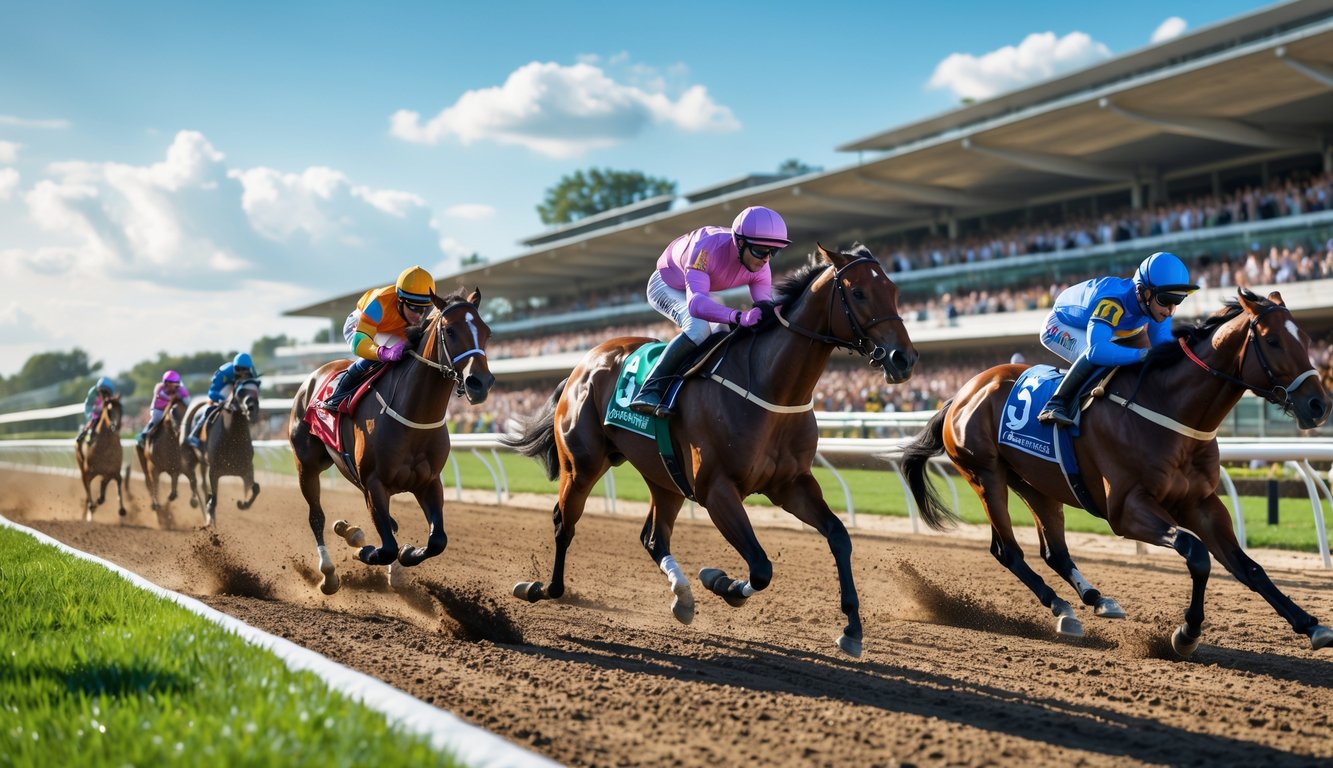 Adegan balapan kuda dengan beberapa joki mengenakan pakaian berwarna-warni sedang berlomba di lintasan dengan penonton di tribun.