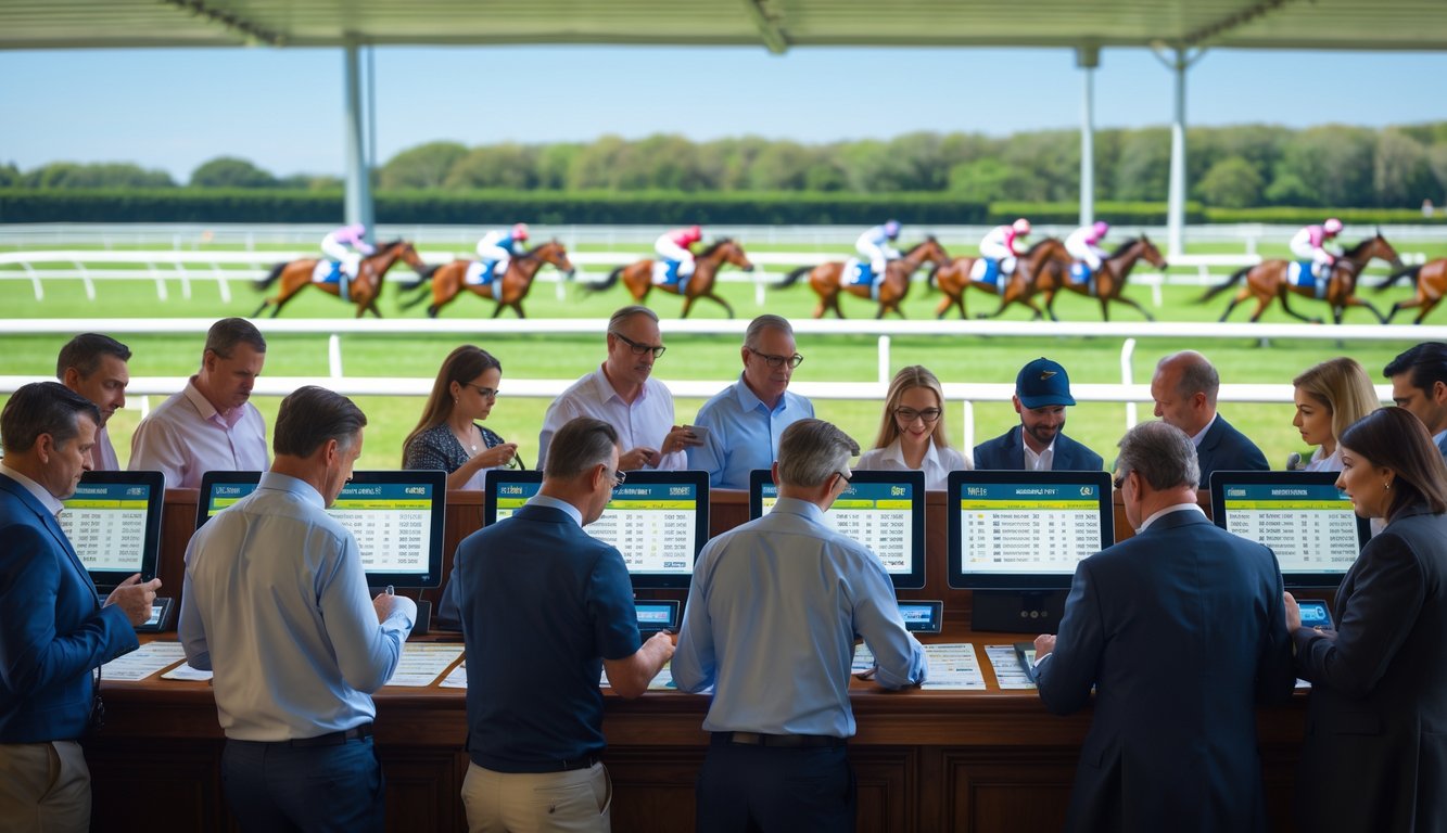 Orang-orang sedang memasang taruhan pada pacuan kuda di lintasan balap.