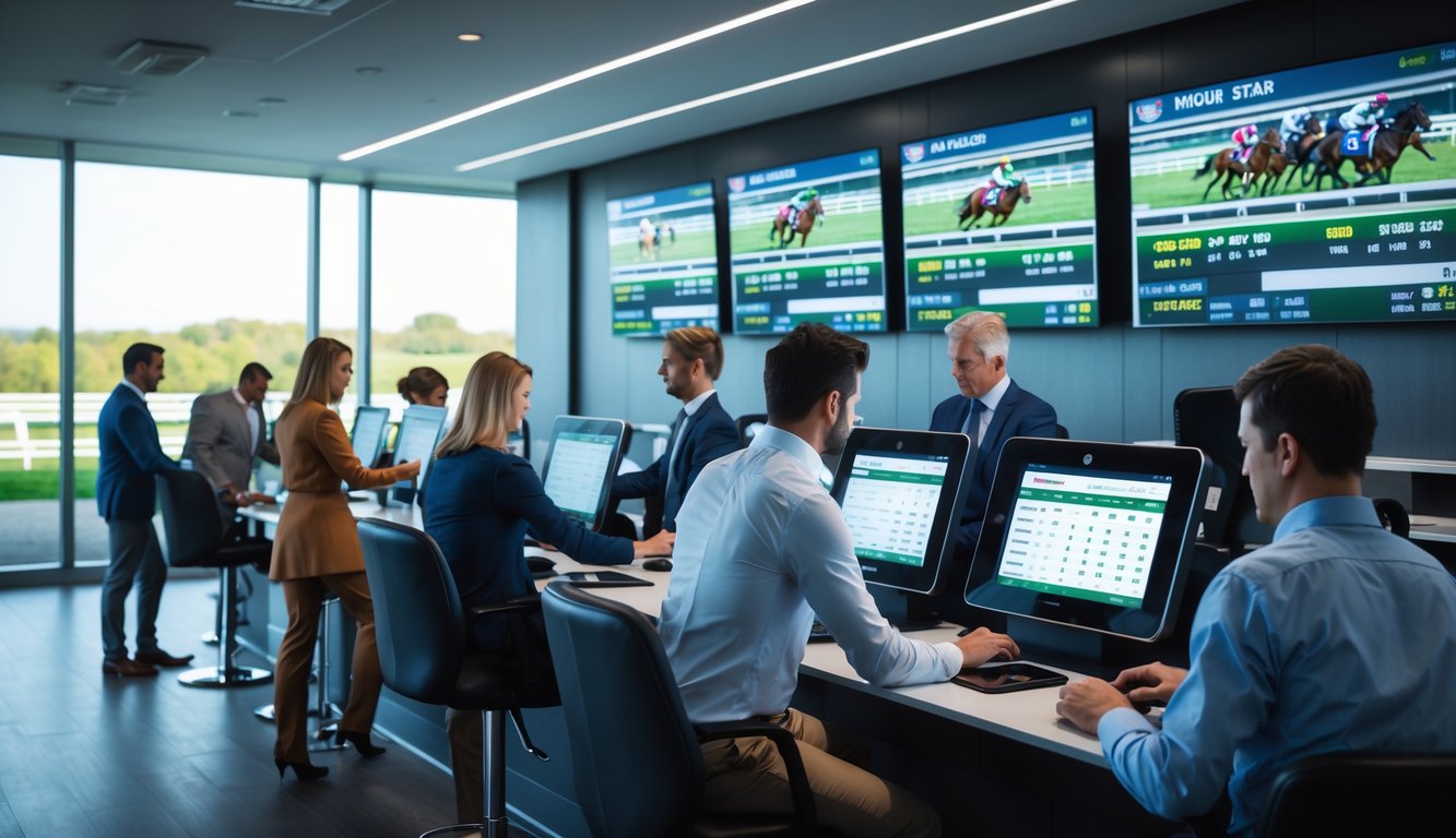 Orang-orang sedang memasang taruhan di kantor agen pacuan kuda dengan layar menampilkan balapan kuda dan suasana sibuk.