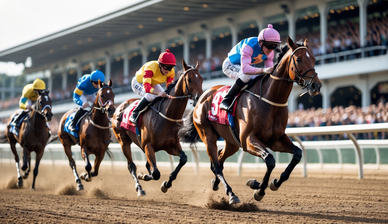 Balapan kuda dengan para joki mengenakan pakaian warna-warni, kuda berlari cepat di lintasan dengan penonton di tribun.