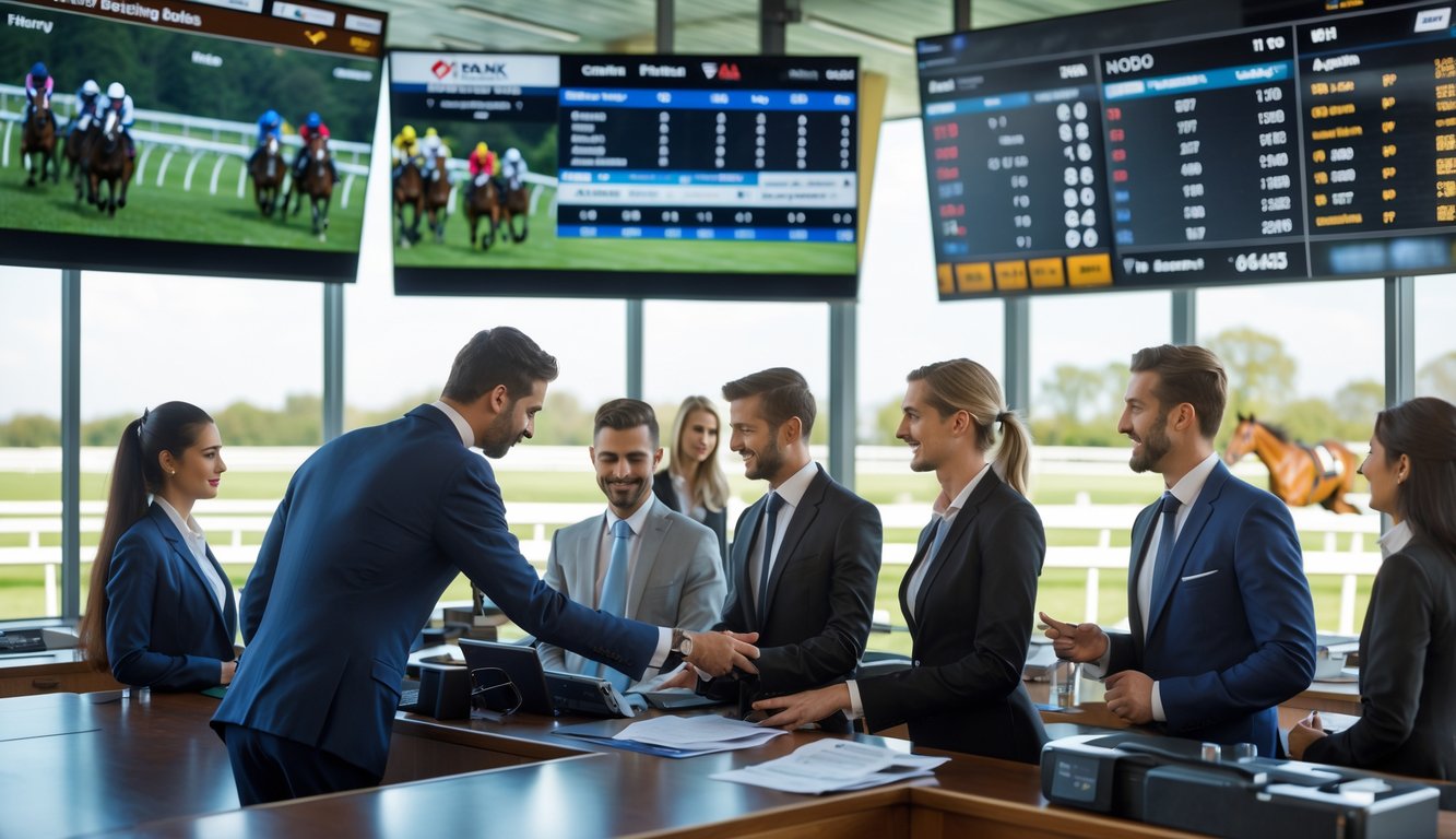 Suasana kantor agen taruhan pacuan kuda dengan orang-orang yang sedang memasang taruhan dan layar besar menampilkan balapan kuda secara langsung.