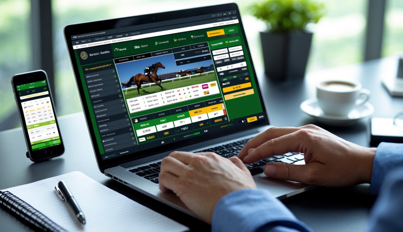 Seseorang menggunakan laptop untuk bertaruh pada pacuan kuda secara online dengan uang asli di sebuah meja kerja.