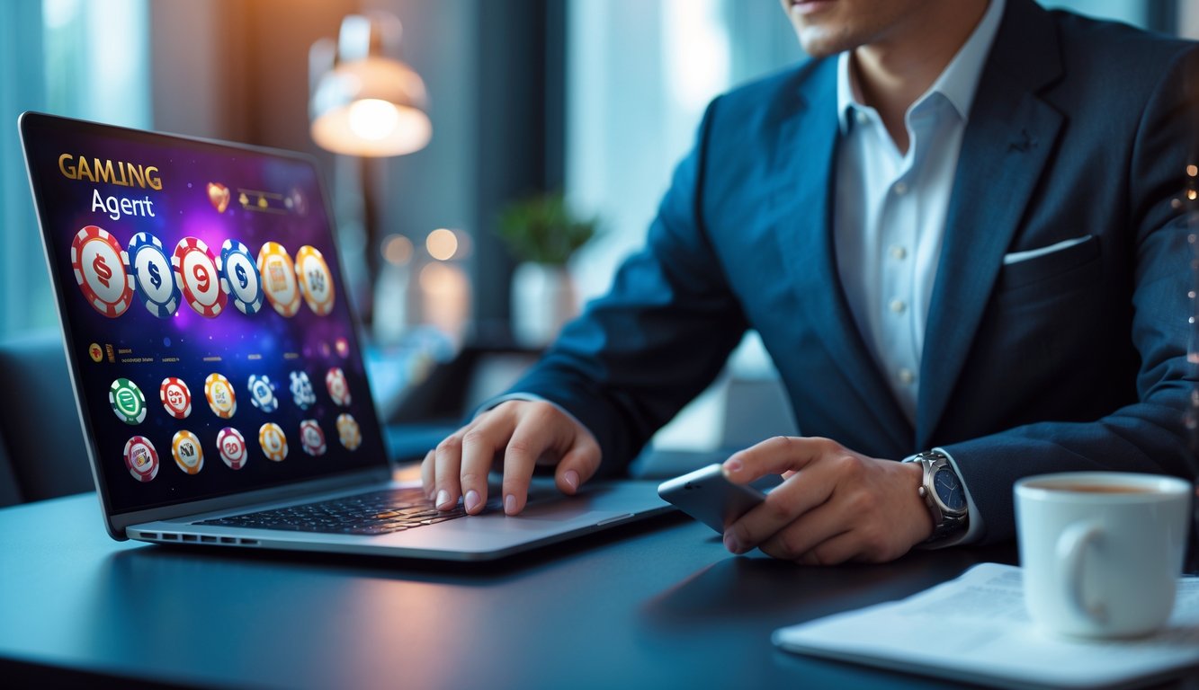 Seseorang menggunakan laptop dan ponsel di meja kerja dengan latar belakang kantor rumah yang rapi.