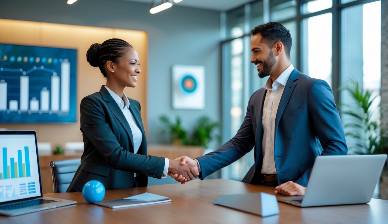 Dua orang profesional berjabat tangan di kantor modern yang terang, menunjukkan kepercayaan dan kerja sama.