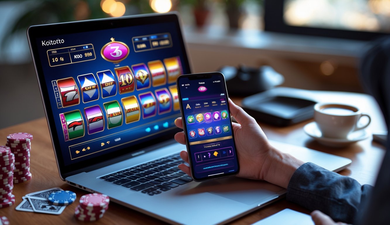 Meja kerja dengan laptop dan ponsel yang menampilkan permainan kasino online, dikelilingi oleh chip poker dan kartu remi.