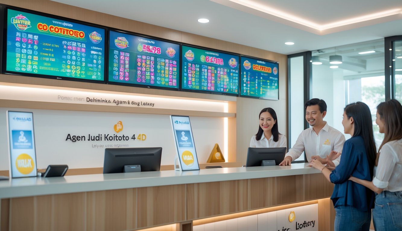 Suasana kantor agen judi dengan agen yang melayani pelanggan di depan layar angka lotere dan grafik warna-warni.