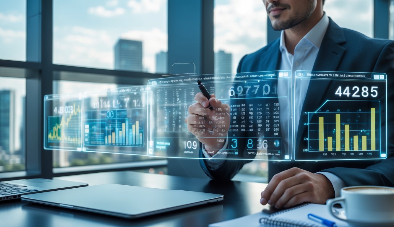 Seorang profesional sedang menganalisis data di layar digital transparan di kantor modern dengan pemandangan kota.